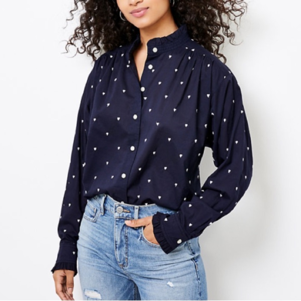 Loft Blue Heart Button Down Top size SP